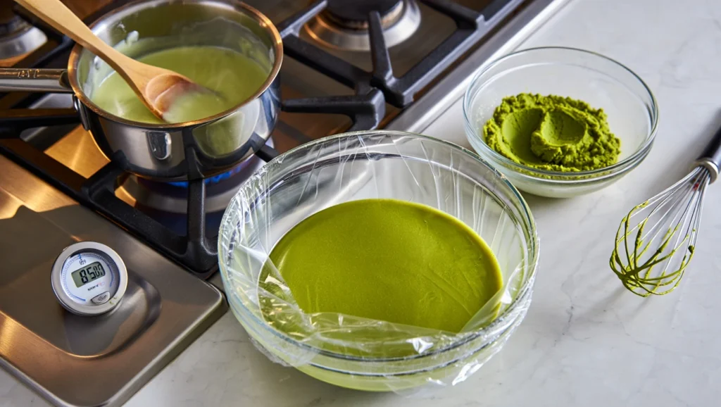 Glace pistache maison crémeuse, réalisée sans colorant, à base de crème anglaise et pâte de pistache pure. Étapes illustrées : préparation de la crème, maturation, turbinage, service élégant. Texture onctueuse, couleur verte naturelle, visuels doux et gourmands.