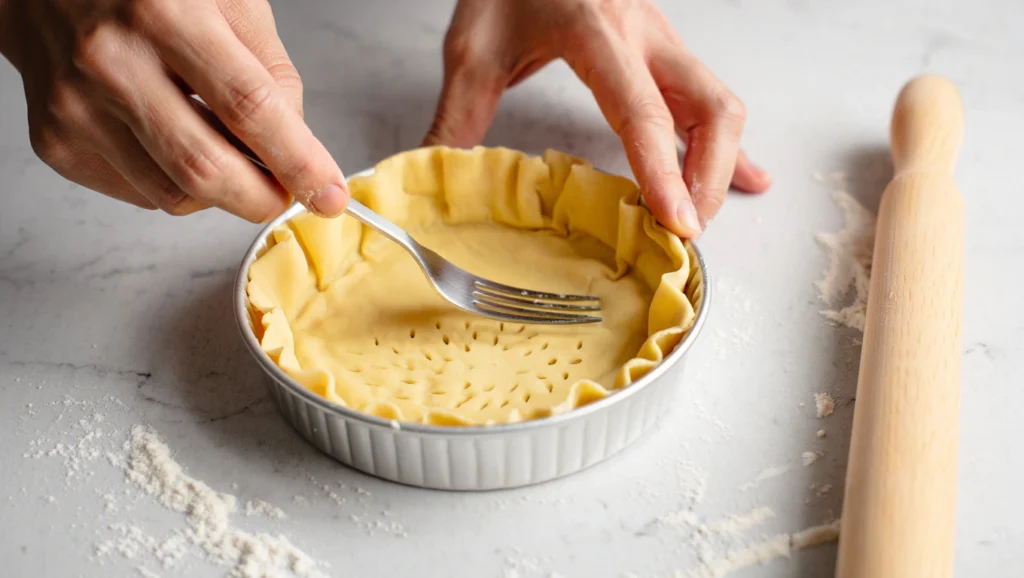 Quiche Lorraine à la dinde dorée et appétissante, servie sur une assiette blanche avec une salade verte légère. Garnie de persil frais et accompagnée d’un couteau en bois. Arrière-plan rustique avec nappe à carreaux rouges et blancs, ambiance chaleureuse et conviviale