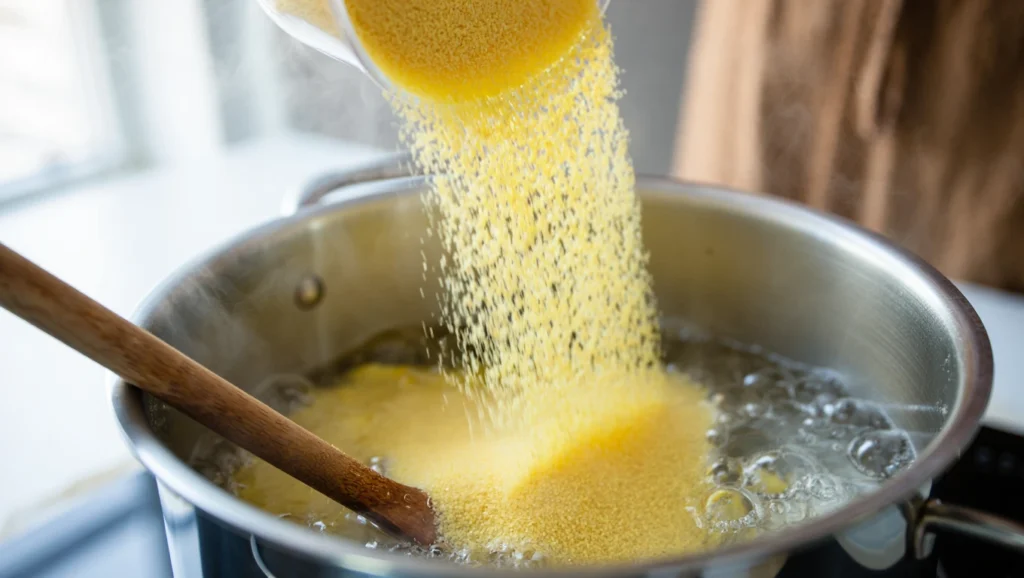 Polenta crémeuse dorée et onctueuse, servie dans un bol rustique ou une assiette creuse, garnie de parmesan fraîchement râpé et d’un filet d’huile d’olive. Accompagnée de légumes grillés colorés ou d’une sauce aux champignons pour un contraste élégant. Arrière-plan épuré avec lumière naturelle douce pour un effet appétissant et chaleureux.