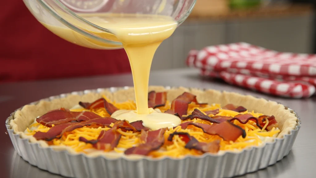 Quiche Lorraine à la dinde dorée et appétissante, servie sur une assiette blanche avec une salade verte légère. Garnie de persil frais et accompagnée d’un couteau en bois. Arrière-plan rustique avec nappe à carreaux rouges et blancs, ambiance chaleureuse et conviviale