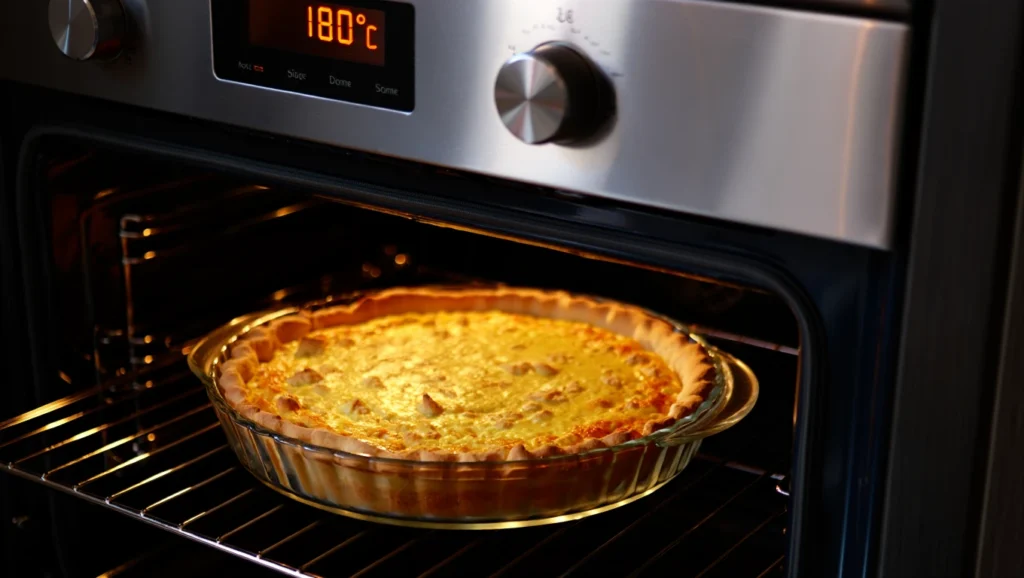 Quiche Lorraine à la dinde dorée et appétissante, servie sur une assiette blanche avec une salade verte légère. Garnie de persil frais et accompagnée d’un couteau en bois. Arrière-plan rustique avec nappe à carreaux rouges et blancs, ambiance chaleureuse et conviviale