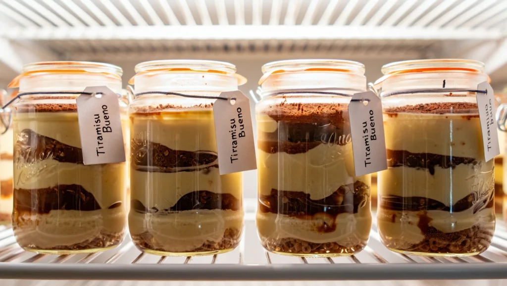 Tiramisu Kinder Bueno en verrines ultra-gourmand, composé de couches alternées de crème mascarpone onctueuse, de biscuits imbibés dans un mélange chocolaté, et de morceaux croquants de Kinder Bueno. Servi dans des verrines élégantes, décoré de cacao tamisé et d'éclats de noisettes pour un contraste irrésistible entre le crémeux et le croquant. Arrière-plan épuré avec une lumière naturelle douce pour un effet visuel moderne et appétissant.