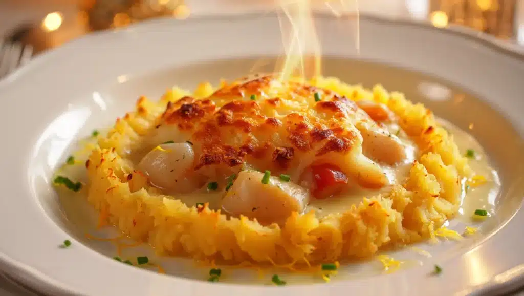 Coquilles Saint-Jacques gratinées maison, pétoncles fondants nappés d’une sauce crémeuse aux échalotes et gratinés avec une purée dorée