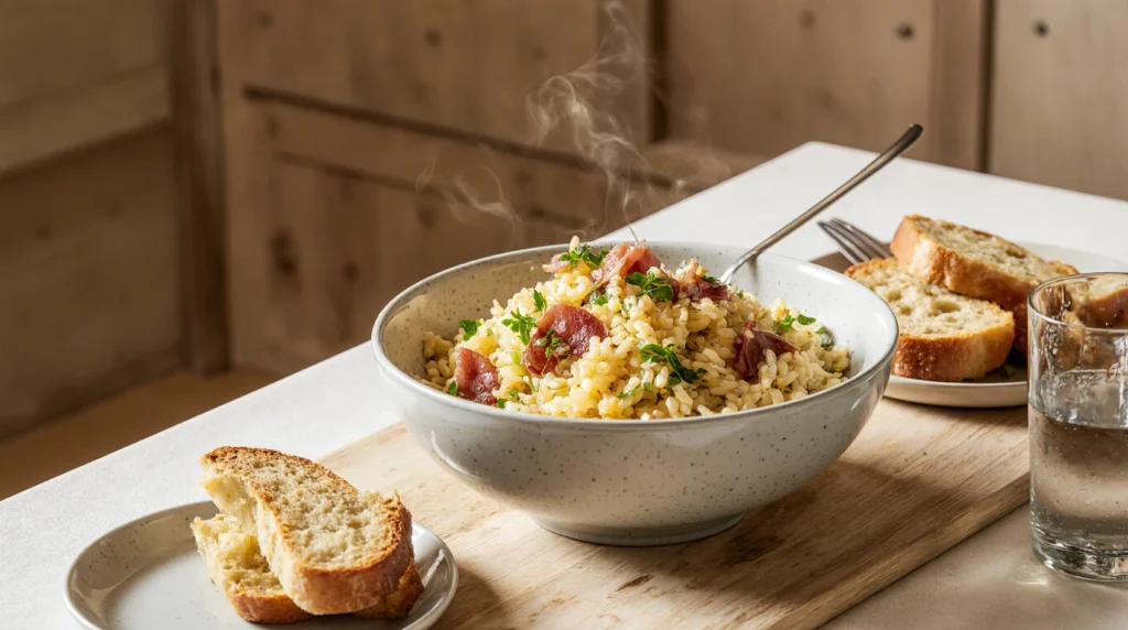 Un plat appétissant de riz cantonais, composé de grains de riz blanc parfaitement séparés, mélangés avec des petits pois verts vifs, des morceaux de jambon rose tendre, et des œufs brouillés crémeux. Garni de cébettes ciselées fraîches et accompagné d’une sauce soja légèrement versée sur le dessus. Servi chaud dans une assiette blanche ou un bol traditionnel, ce plat est décoré pour un contraste visuel saisissant entre les couleurs et textures.