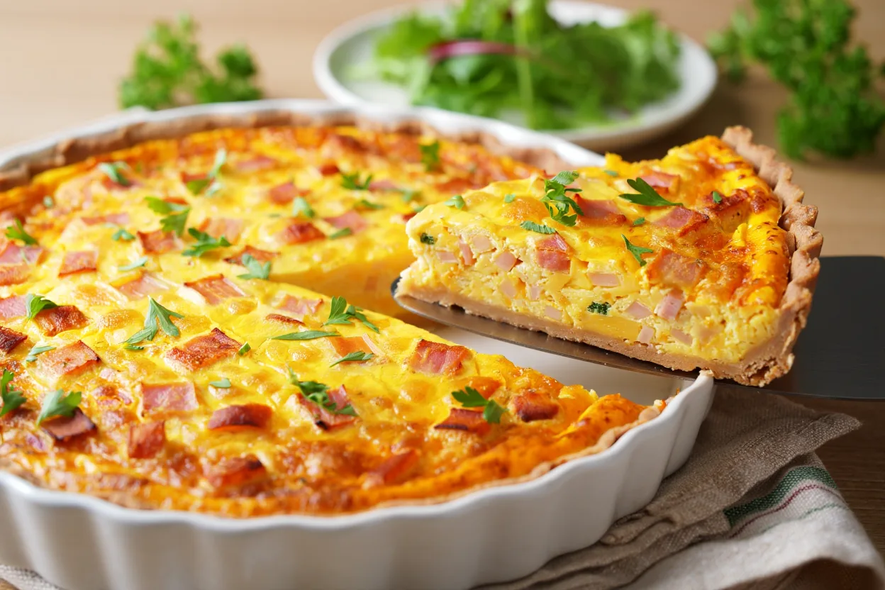 Quiche sans pâte dorée et appétissante, servie dans un plat à tarte rond. Garnie de lardons de dinde, de fromage fondu et parsemée de persil frais. Accompagnée d’une salade verte légère sur un côté. Arrière-plan rustique avec nappe en lin et lumière naturelle douce.