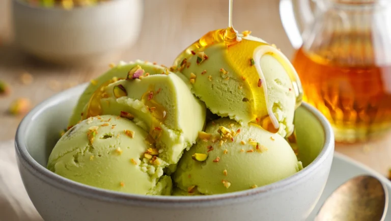 Glace pistache maison crémeuse, réalisée sans colorant, à base de crème anglaise et pâte de pistache pure. Étapes illustrées : préparation de la crème, maturation, turbinage, service élégant. Texture onctueuse, couleur verte naturelle, visuels doux et gourmands.