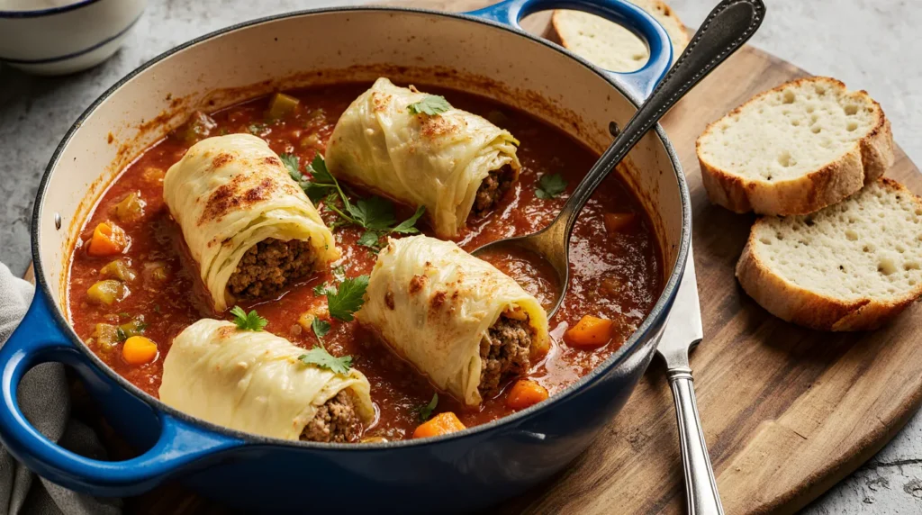 Un plat traditionnel de chou farci, composé de feuilles de chou vert farcies d’un mélange savoureux de viande hachée, riz, oignons et herbes. Les rouleaux de chou sont disposés dans une cocotte en fonte ou un plat familial, mijotant dans une sauce tomate riche accompagnée de carottes, céleri et laurier. Garni de persil frais, ce plat réconfortant est parfait pour les repas familiaux.