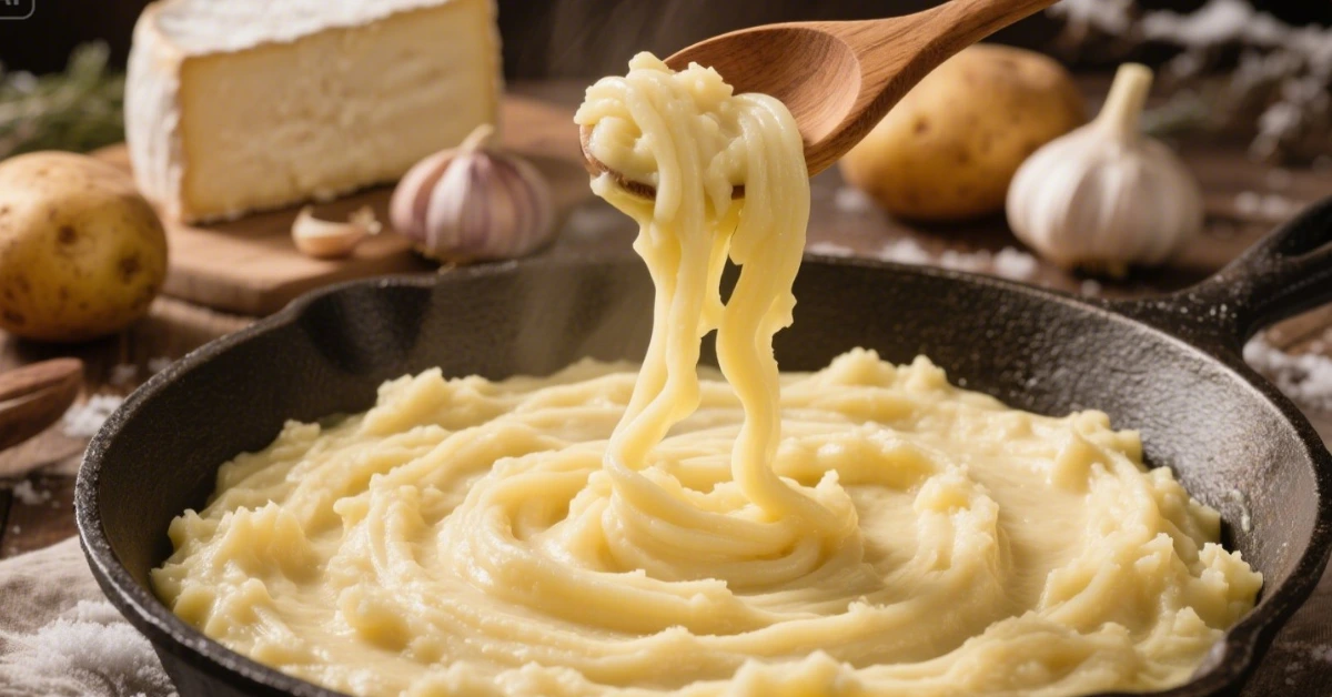 « Aligot à l’ancienne, purée filante de pommes de terre et tomme fraîche de l’Aubrac, plat traditionnel gourmand servi chaud avec saucisse et salade