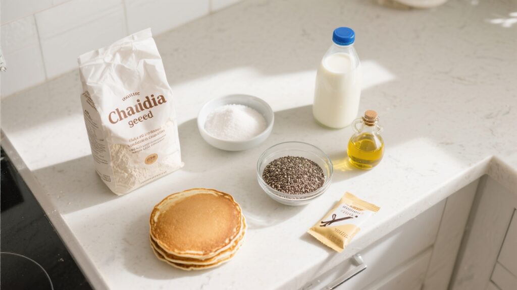 Crêpes aux graines de chia empilées sur une assiette, nappées de sirop d’érable