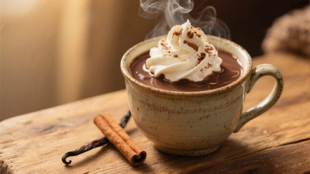 Tasse de chocolat chaud à l’ancienne, crémeux et gourmand, servie avec chantilly et copeaux de chocolat sur une table en bois rustique.