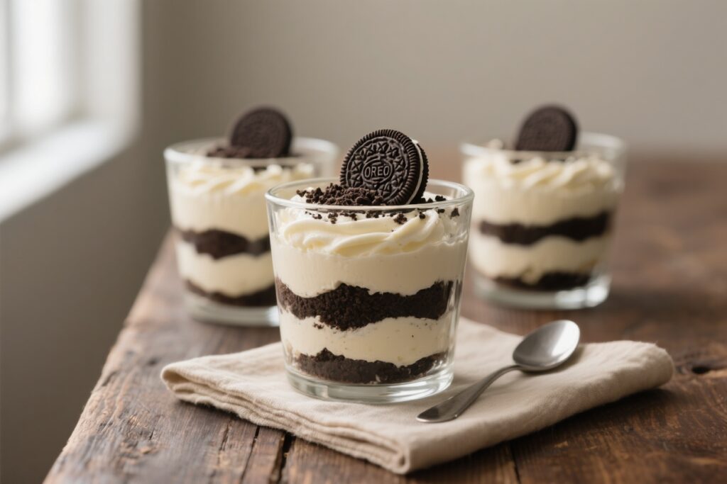 Tiramisu Kinder Bueno en verrines ultra-gourmand, composé de couches alternées de crème mascarpone onctueuse, de biscuits imbibés dans un mélange chocolaté, et de morceaux croquants de Kinder Bueno. Servi dans des verrines élégantes, décoré de cacao tamisé et d'éclats de noisettes pour un contraste irrésistible entre le crémeux et le croquant. Arrière-plan épuré avec une lumière naturelle douce pour un effet visuel moderne et appétissant.