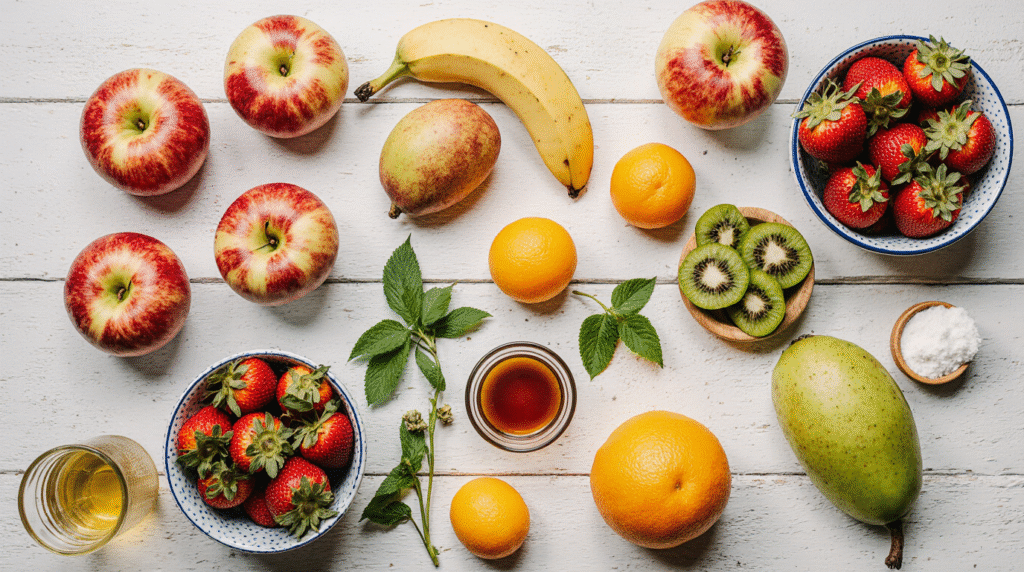Salade de fruits colorée servie dans un grand bol en verre avec morceaux de fraise, kiwi, ananas et raisin