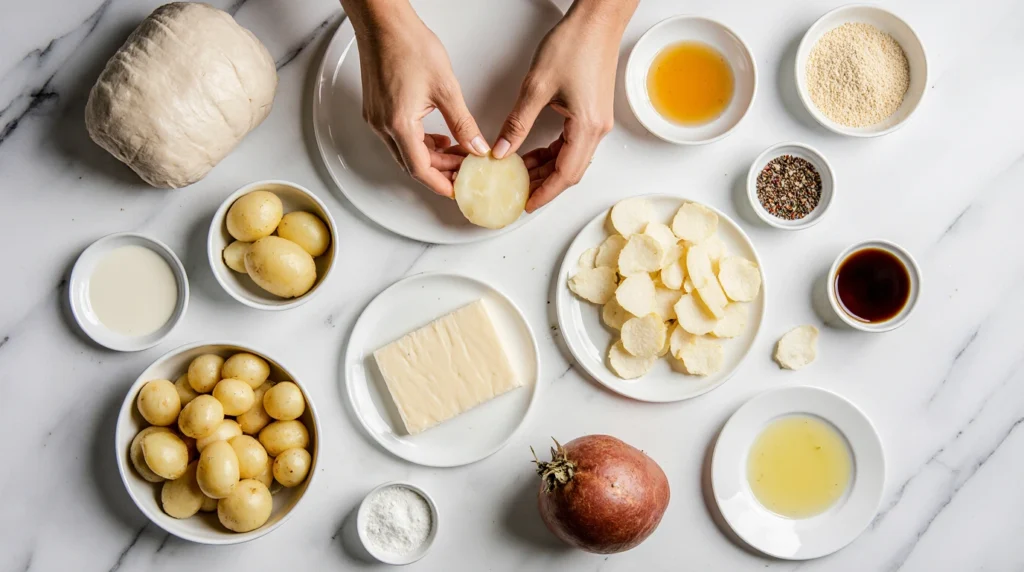 Gratin de Figatellu corse doré au four, avec des tranches de figatellu croustillantes, pommes de terre fondantes et oignons caramélisés dans un plat rustique en céramique.