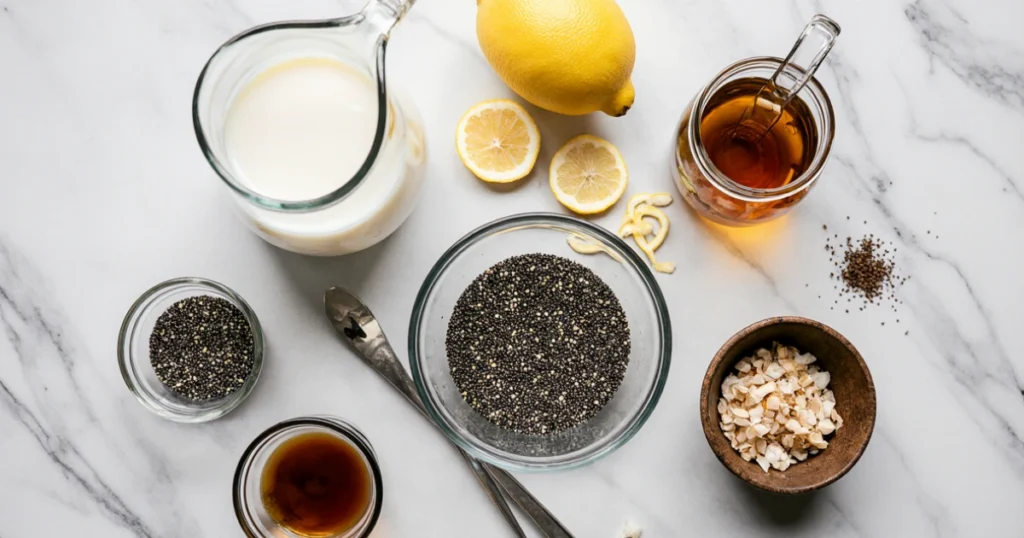 Pudding au chia au citron crémeux dans un verre transparent, garni de zestes de citron et de feuilles de menthe fraîche, posé sur une table en bois clair avec quelques graines de chia éparpillées autour.