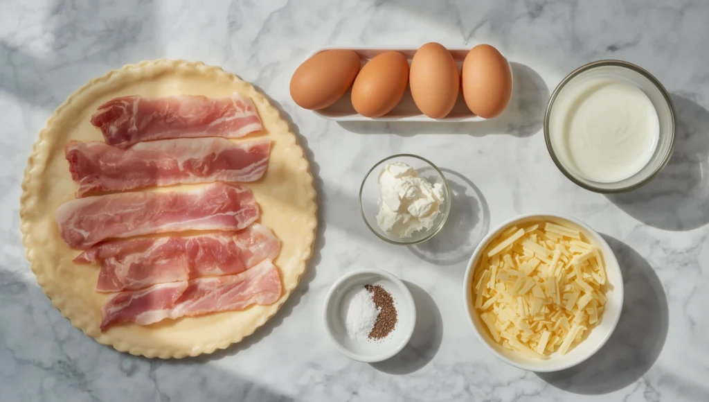 Quiche Lorraine à la dinde dorée et appétissante, servie sur une assiette blanche avec une salade verte légère. Garnie de persil frais et accompagnée d’un couteau en bois. Arrière-plan rustique avec nappe à carreaux rouges et blancs, ambiance chaleureuse et conviviale