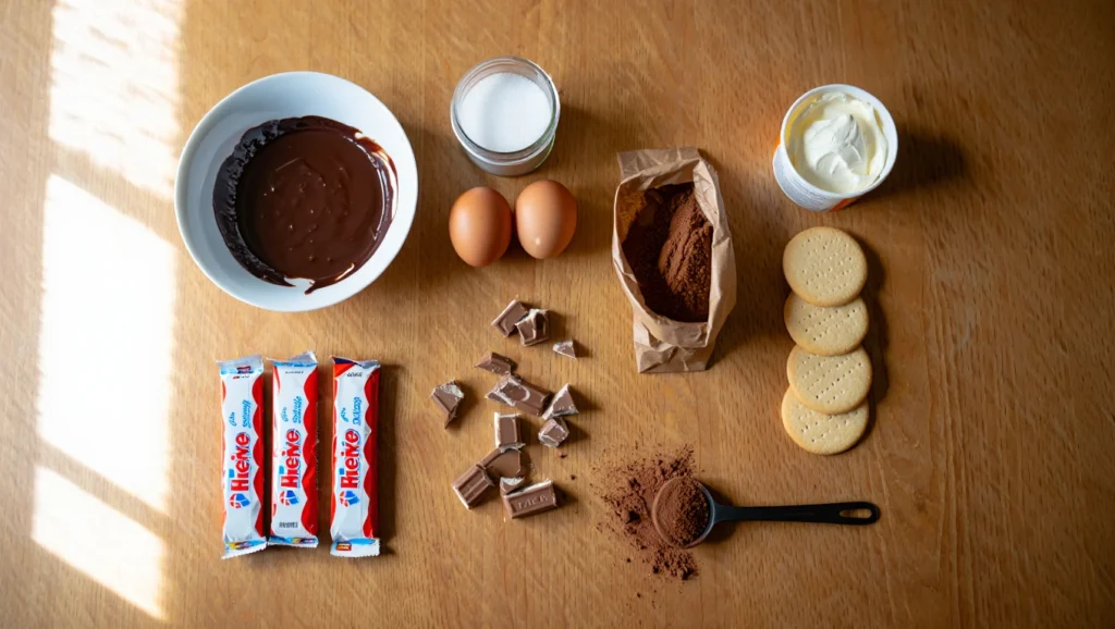 Tiramisu Kinder Bueno en verrines ultra-gourmand, composé de couches alternées de crème mascarpone onctueuse, de biscuits imbibés dans un mélange chocolaté, et de morceaux croquants de Kinder Bueno. Servi dans des verrines élégantes, décoré de cacao tamisé et d'éclats de noisettes pour un contraste irrésistible entre le crémeux et le croquant. Arrière-plan épuré avec une lumière naturelle douce pour un effet visuel moderne et appétissant.