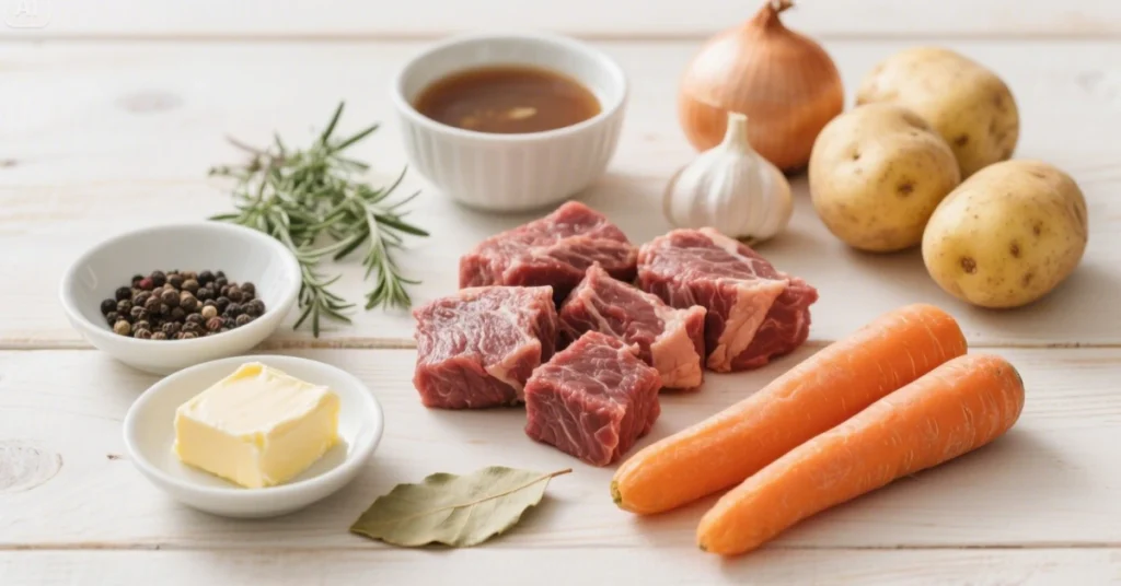 Recette paleron de bœuf braisé servi dans une cocotte rouge, avec pommes de terre, carottes et sauce onctueuse