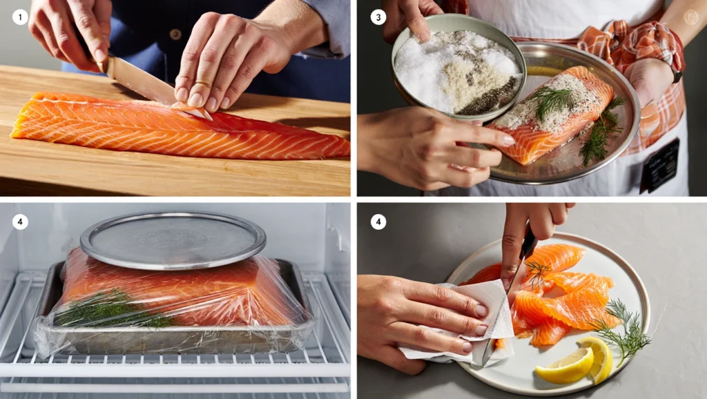 Un filet de saumon gravlax mariné, présenté sur un plat en bois rustique ou une assiette blanche. Les tranches fines de saumon sont recouvertes d’un mélange de sel, sucre et aneth frais, avec des zestes de citron pour une touche acidulée. En arrière-plan, des ingrédients comme des baies de genièvre, du poivre moulu et des brins d’aneth ajoutent une ambiance naturelle et invitante. La lumière douce met en valeur la texture soyeuse et les couleurs vibrantes du saumon.
