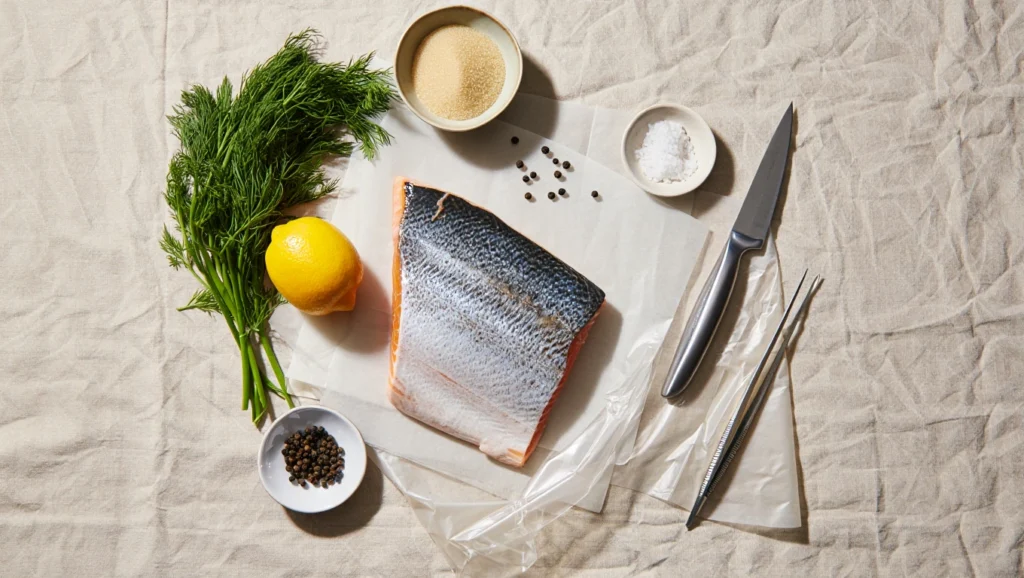 Un filet de saumon gravlax mariné, présenté sur un plat en bois rustique ou une assiette blanche. Les tranches fines de saumon sont recouvertes d’un mélange de sel, sucre et aneth frais, avec des zestes de citron pour une touche acidulée. En arrière-plan, des ingrédients comme des baies de genièvre, du poivre moulu et des brins d’aneth ajoutent une ambiance naturelle et invitante. La lumière douce met en valeur la texture soyeuse et les couleurs vibrantes du saumon.