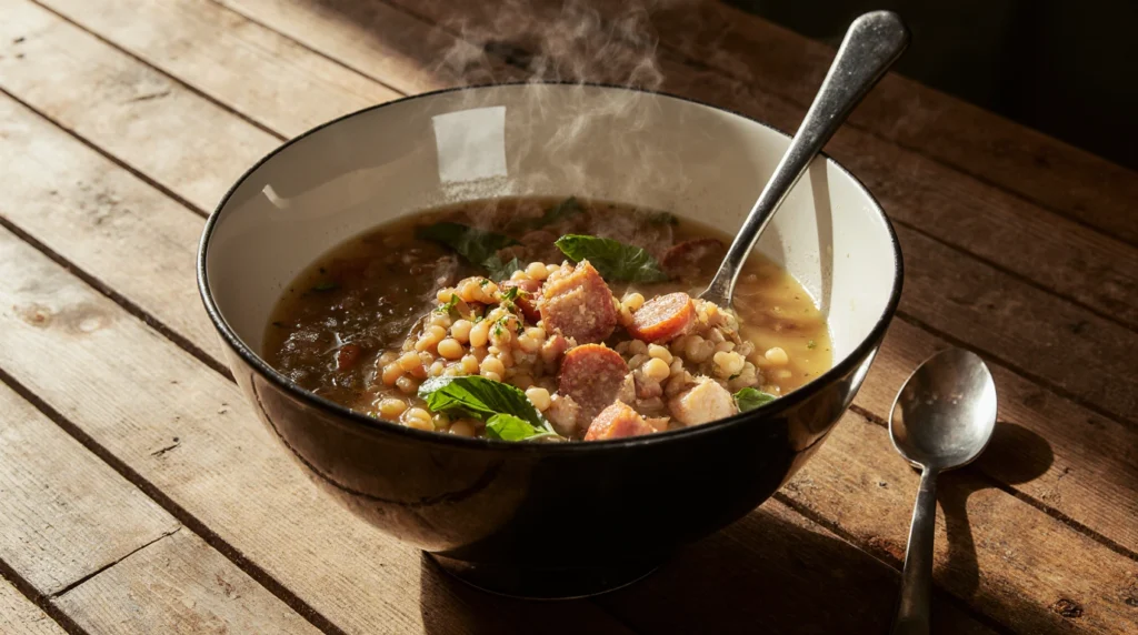 Un plat réconfortant de saucisse lentilles, composé de saucisses fumées cuites à point et de lentilles tendres mijotées dans un bouillon savoureux. Servi dans une assiette creuse ou un plat familial, le plat est garni de brins de persil frais pour une touche de couleur. Les lentilles foncées contrastent avec la texture moelleuse des saucisses dorées, évoquant une cuisine simple et gourmande parfaite pour les soirées d’hiver