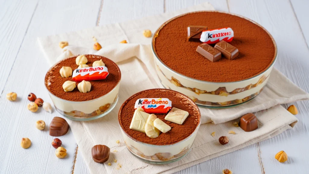 Tiramisu Kinder Bueno en verrines ultra-gourmand, composé de couches alternées de crème mascarpone onctueuse, de biscuits imbibés dans un mélange chocolaté, et de morceaux croquants de Kinder Bueno. Servi dans des verrines élégantes, décoré de cacao tamisé et d'éclats de noisettes pour un contraste irrésistible entre le crémeux et le croquant. Arrière-plan épuré avec une lumière naturelle douce pour un effet visuel moderne et appétissant.