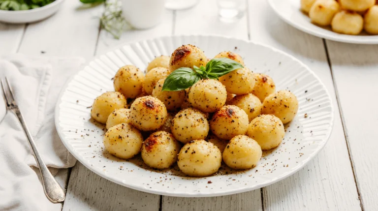 Gnocchis faits maison moelleux servis dans une assiette rustique avec une sauce onctueuse, décorés de feuilles de basilic frais