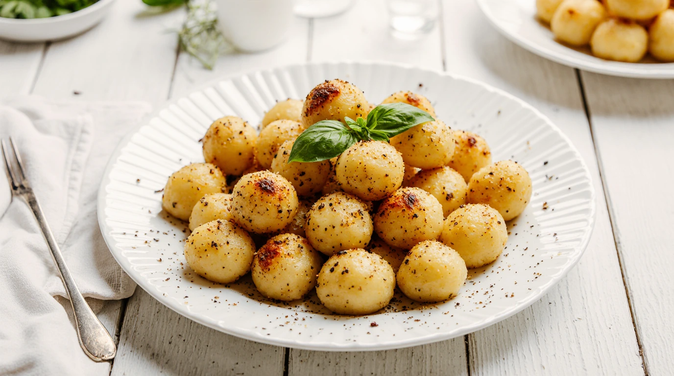 Gnocchis Faits Maison 1 Gnocchis faits maison moelleux servis dans une assiette rustique avec une sauce onctueuse, décorés de feuilles de basilic frais