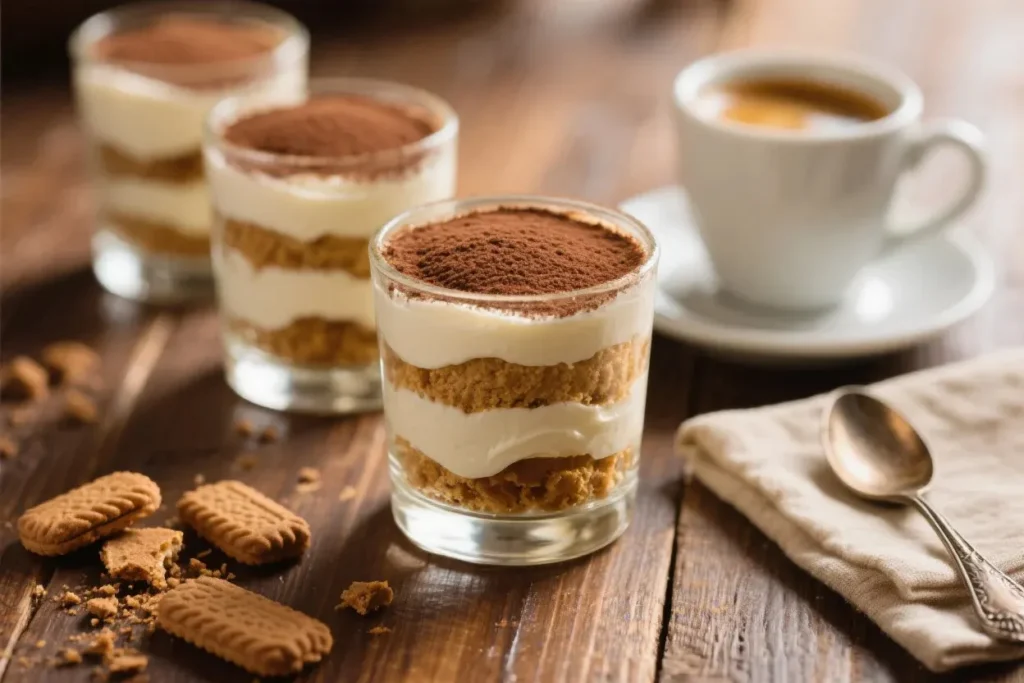 Tiramisu Kinder Bueno en verrines ultra-gourmand, composé de couches alternées de crème mascarpone onctueuse, de biscuits imbibés dans un mélange chocolaté, et de morceaux croquants de Kinder Bueno. Servi dans des verrines élégantes, décoré de cacao tamisé et d'éclats de noisettes pour un contraste irrésistible entre le crémeux et le croquant. Arrière-plan épuré avec une lumière naturelle douce pour un effet visuel moderne et appétissant.