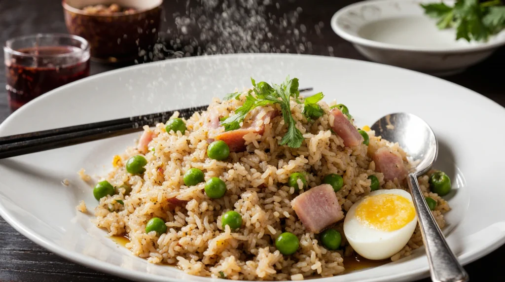 Un plat appétissant de riz cantonais, composé de grains de riz blanc parfaitement séparés, mélangés avec des petits pois verts vifs, des morceaux de jambon rose tendre, et des œufs brouillés crémeux. Garni de cébettes ciselées fraîches et accompagné d’une sauce soja légèrement versée sur le dessus. Servi chaud dans une assiette blanche ou un bol traditionnel, ce plat est décoré pour un contraste visuel saisissant entre les couleurs et textures.