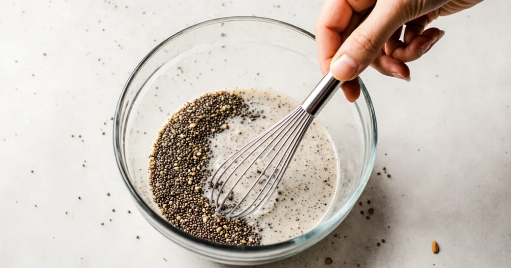 Pudding au chia au citron crémeux dans un verre transparent, garni de zestes de citron et de feuilles de menthe fraîche, posé sur une table en bois clair avec quelques graines de chia éparpillées autour.