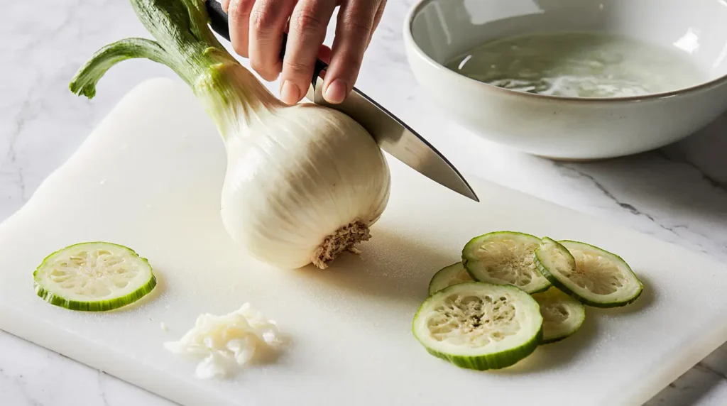 Une tarte Tatin gourmande à base de fenouil confit, présentée dans un moule rond ou des portions individuelles. Les tranches de fenouil caramélisées sont disposées en spirale sur une couche de sucre caramélisé, recouvertes d'une pâte brisée dorée. La tarte est accompagnée d'une sauce au chocolat noir fondu, luisante et onctueuse, drizzlée artistiquement sur le dessus. Garnie de copeaux de chocolat et de zestes d'orange frais, cette création culinaire allie élégance et saveurs audacieuses. Servie tiède, elle évoque une texture fondante et croustillante, idéale pour surprendre vos invités.