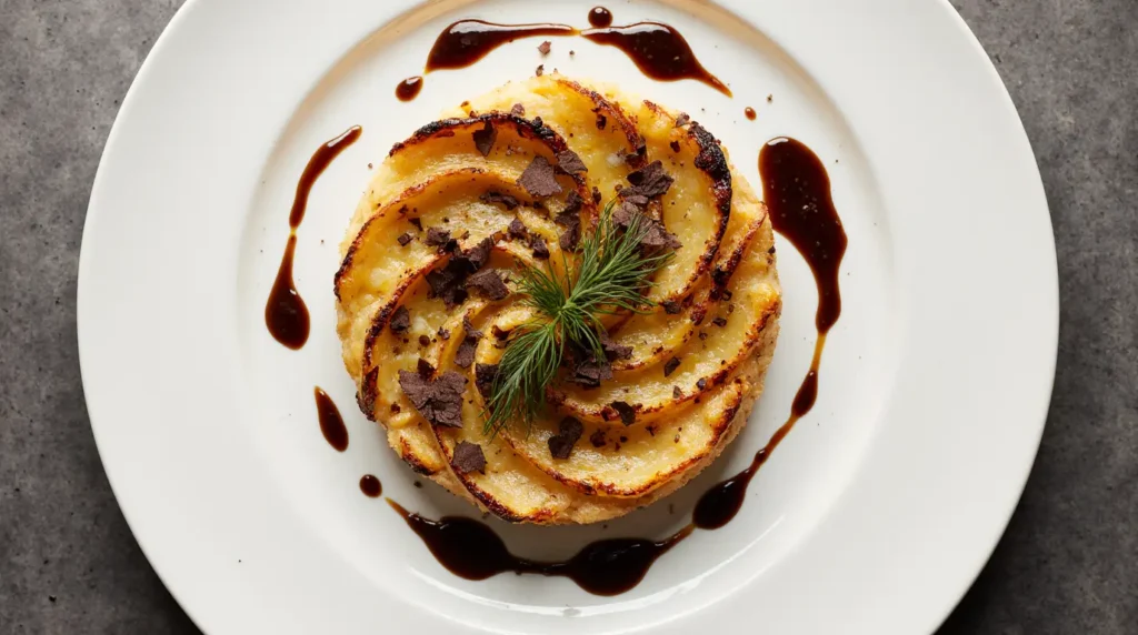 Une tarte Tatin gourmande à base de fenouil confit, présentée dans un moule rond ou des portions individuelles. Les tranches de fenouil caramélisées sont disposées en spirale sur une couche de sucre caramélisé, recouvertes d'une pâte brisée dorée. La tarte est accompagnée d'une sauce au chocolat noir fondu, luisante et onctueuse, drizzlée artistiquement sur le dessus. Garnie de copeaux de chocolat et de zestes d'orange frais, cette création culinaire allie élégance et saveurs audacieuses. Servie tiède, elle évoque une texture fondante et croustillante, idéale pour surprendre vos invités.