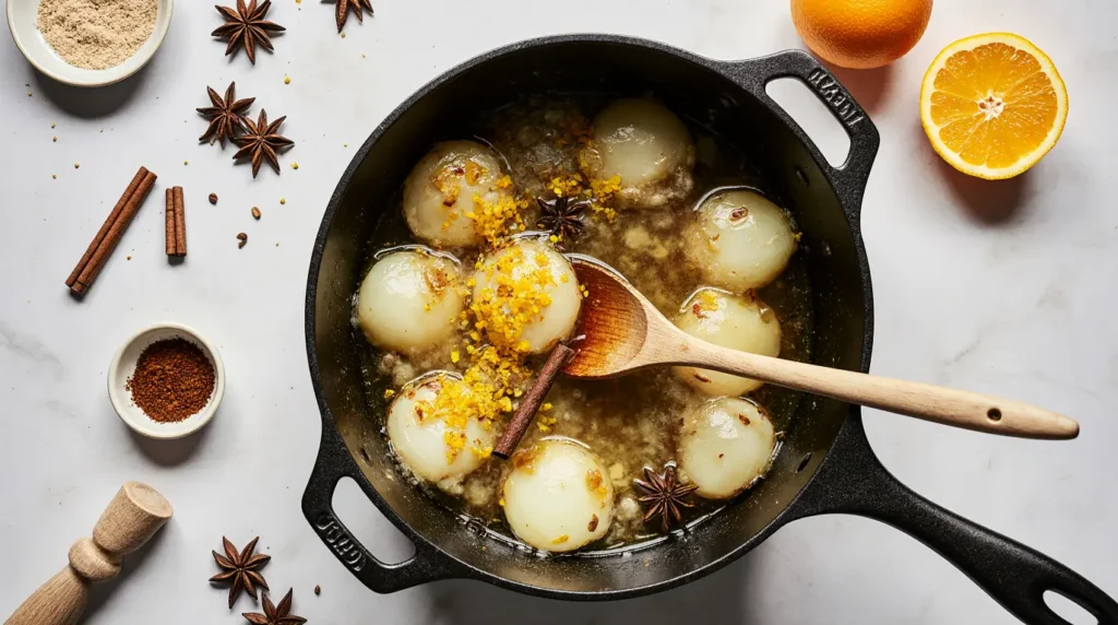 Une tarte Tatin gourmande à base de fenouil confit, présentée dans un moule rond ou des portions individuelles. Les tranches de fenouil caramélisées sont disposées en spirale sur une couche de sucre caramélisé, recouvertes d'une pâte brisée dorée. La tarte est accompagnée d'une sauce au chocolat noir fondu, luisante et onctueuse, drizzlée artistiquement sur le dessus. Garnie de copeaux de chocolat et de zestes d'orange frais, cette création culinaire allie élégance et saveurs audacieuses. Servie tiède, elle évoque une texture fondante et croustillante, idéale pour surprendre vos invités.