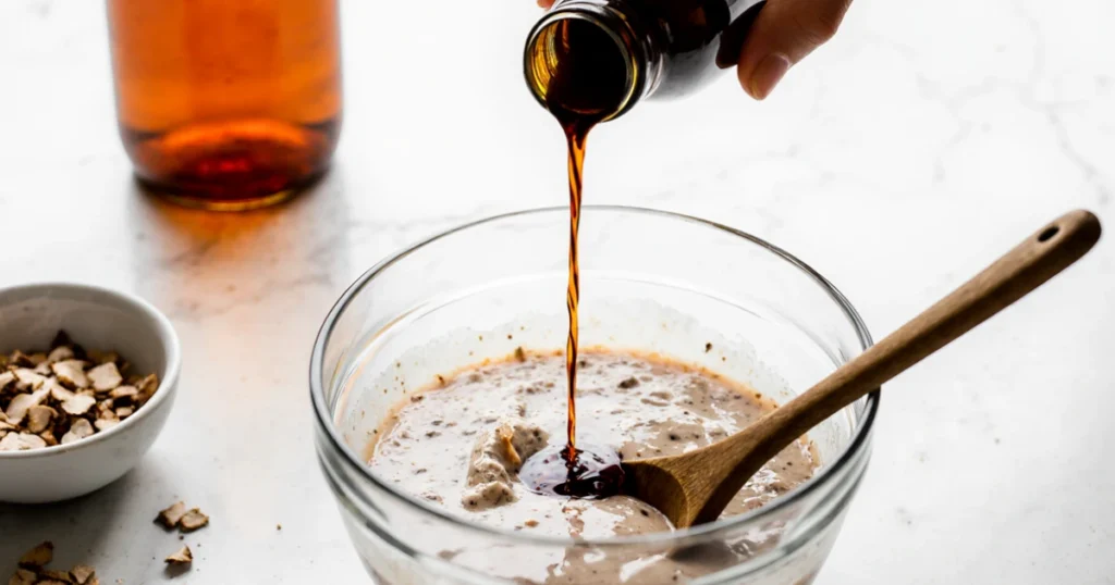 Pudding au chia au citron crémeux dans un verre transparent, garni de zestes de citron et de feuilles de menthe fraîche, posé sur une table en bois clair avec quelques graines de chia éparpillées autour.
