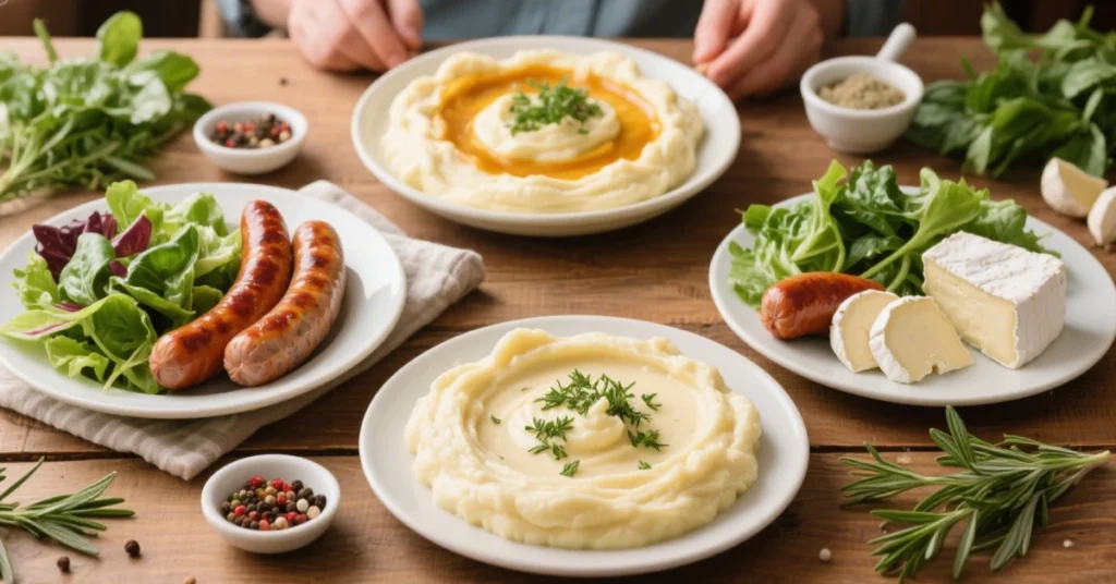 Aligot à l’ancienne, purée filante de pommes de terre et tomme fraîche de l’Aubrac, plat traditionnel gourmand servi chaud avec saucisse et salad