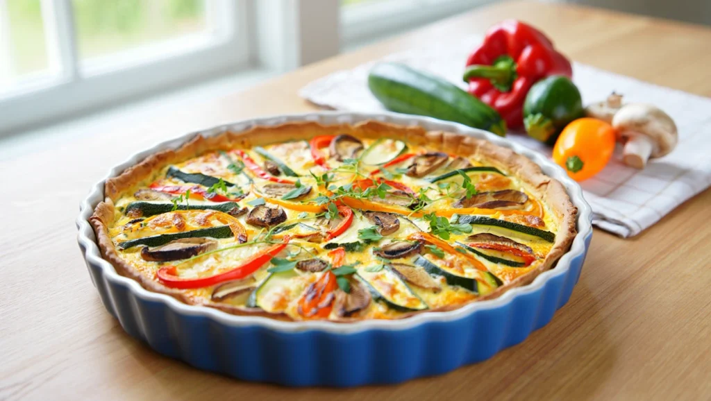 Quiche sans pâte dorée et appétissante, servie dans un plat à tarte rond. Garnie de lardons de dinde, de fromage fondu et parsemée de persil frais. Accompagnée d’une salade verte légère sur un côté. Arrière-plan rustique avec nappe en lin et lumière naturelle douce.