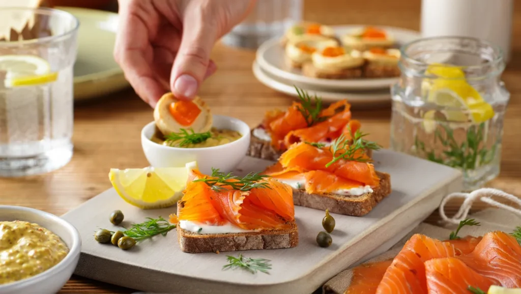 Un filet de saumon gravlax mariné, présenté sur un plat en bois rustique ou une assiette blanche. Les tranches fines de saumon sont recouvertes d’un mélange de sel, sucre et aneth frais, avec des zestes de citron pour une touche acidulée. En arrière-plan, des ingrédients comme des baies de genièvre, du poivre moulu et des brins d’aneth ajoutent une ambiance naturelle et invitante. La lumière douce met en valeur la texture soyeuse et les couleurs vibrantes du saumon.