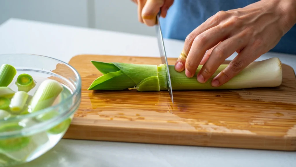 Une assiette appétissante de recette fondue de poireaux, crémeuse et fondante, servie dans un bol blanc ou une casserole en fonte. Les poireaux émincés sont nappés d’une sauce onctueuse à base de crème fraîche, garnis de brins de ciboulette frais pour une touche de couleur. En arrière-plan, des ingrédients comme des poireaux entiers, du beurre et de la crème fraîche ajoutent une ambiance rustique et invitante. L’éclairage naturel met en valeur la texture douce et la couleur végétale du plat