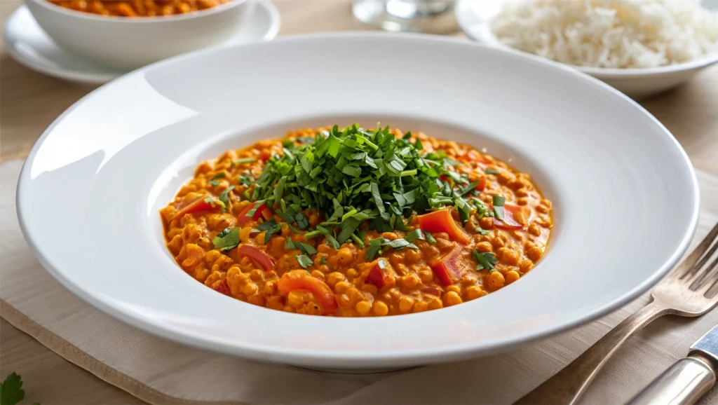 Un bol en céramique rempli de lentilles corail au curry, d’un orange vif et appétissant, parsemé de coriandre fraîche et accompagné de quartiers de citron. Les lentilles sont légèrement brillantes grâce à une touche d’huile d’olive, avec des morceaux de légumes ou d’épices visibles pour ajouter du contraste. En arrière-plan, un plateau en bois avec des naans ou du riz basmati, idéal pour accompagner ce plat réconfortant.