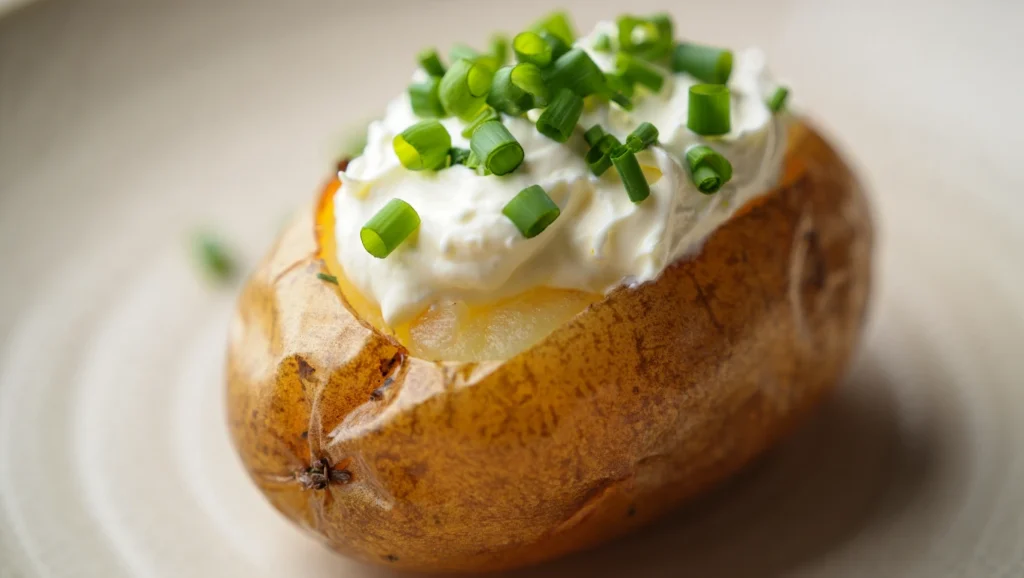 pomme de terreau four dorées et croustillantes, servies dans une assiette blanche avec une texture fondante à l’intérieur. Les pommes de terre sont parsemées d’herbes de Provence fraîches et accompagnées d’une cuillerée de crème fraîche épaisse sur le dessus. En arrière-plan, une planche en bois avec des ingrédients comme du romarin, de l’huile d’olive et du gros sel ajoute une touche rustique et invitante