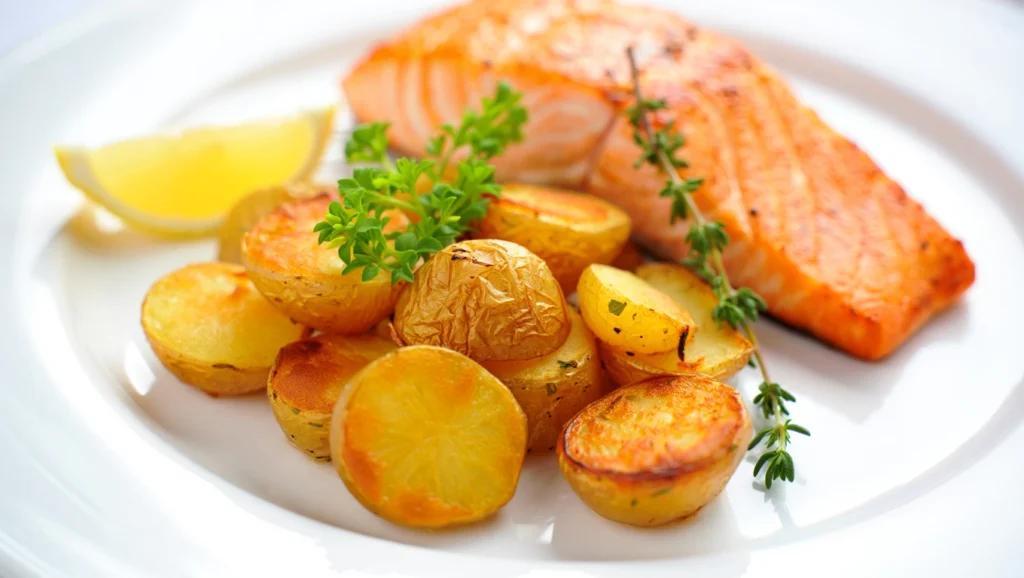 pomme de terreau four dorées et croustillantes, servies dans une assiette blanche avec une texture fondante à l’intérieur. Les pommes de terre sont parsemées d’herbes de Provence fraîches et accompagnées d’une cuillerée de crème fraîche épaisse sur le dessus. En arrière-plan, une planche en bois avec des ingrédients comme du romarin, de l’huile d’olive et du gros sel ajoute une touche rustique et invitante