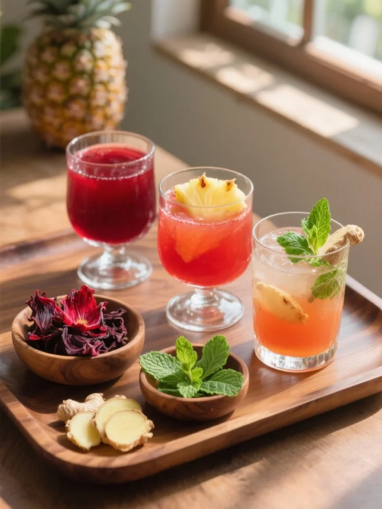 jus de bissap frais et vibrant, d’un rouge profond, servi avec des glaçons et décoré d’une rondelle de citron vert ou de quelques feuilles de menthe fraîche. La boisson est présentée dans une carafe en verre transparente ou directement dans un verre haut, avec une légère condensation qui évoque sa fraîcheur. En arrière-plan, des fleurs d’hibiscus séchées, des citrons verts coupés, et un bouquet de menthe ajoutent une touche naturelle et invitante.