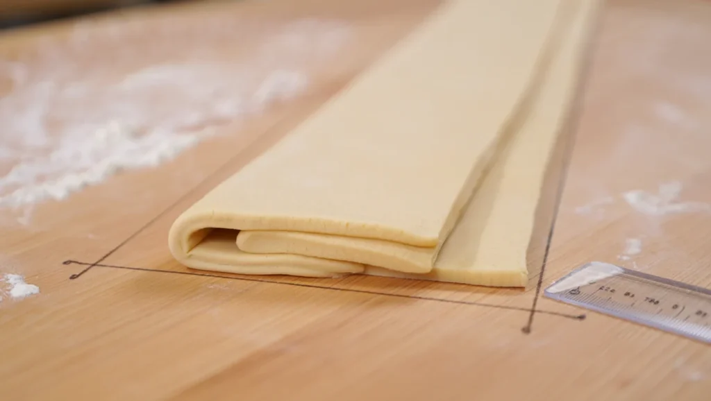 Une pâte feuilletée rapide dorée et croustillante, sortie du four, avec des couches parfaitement feuilletées visibles sur les bords. Servie en rectangle ou en cercle, elle est décorée de légumes frais, de sucre glace pour une version sucrée, ou simplement présentée nue pour mettre en avant sa texture légère et aérée. Un plan de travail propre avec des ingrédients comme de la farine, du beurre froid et un rouleau à pâtisserie est visible en arrière-plan, ajoutant une ambiance rustique et invitante.