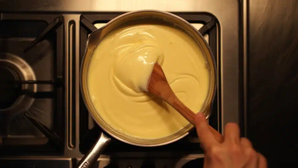 Recette crème anglaise maison : texture onctueuse, couleur dorée, servie dans une cruche en verre avec gousse de vanille et cuillère en bois, fond flou de cuisine chaleureuse