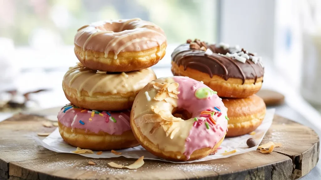 recette donuts moelleux et dorés cuits au four, décorés de glaçage coloré et parsemés de sprinkles. Servis sur une assiette blanche ou un plateau en bois, avec des touches créatives comme des copeaux de chocolat ou de la noix de coco râpée. Une texture légère et appétissante mise en valeur par une lumière douce.