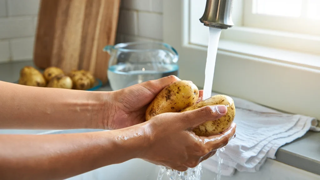 pomme de terreau four dorées et croustillantes, servies dans une assiette blanche avec une texture fondante à l’intérieur. Les pommes de terre sont parsemées d’herbes de Provence fraîches et accompagnées d’une cuillerée de crème fraîche épaisse sur le dessus. En arrière-plan, une planche en bois avec des ingrédients comme du romarin, de l’huile d’olive et du gros sel ajoute une touche rustique et invitante
