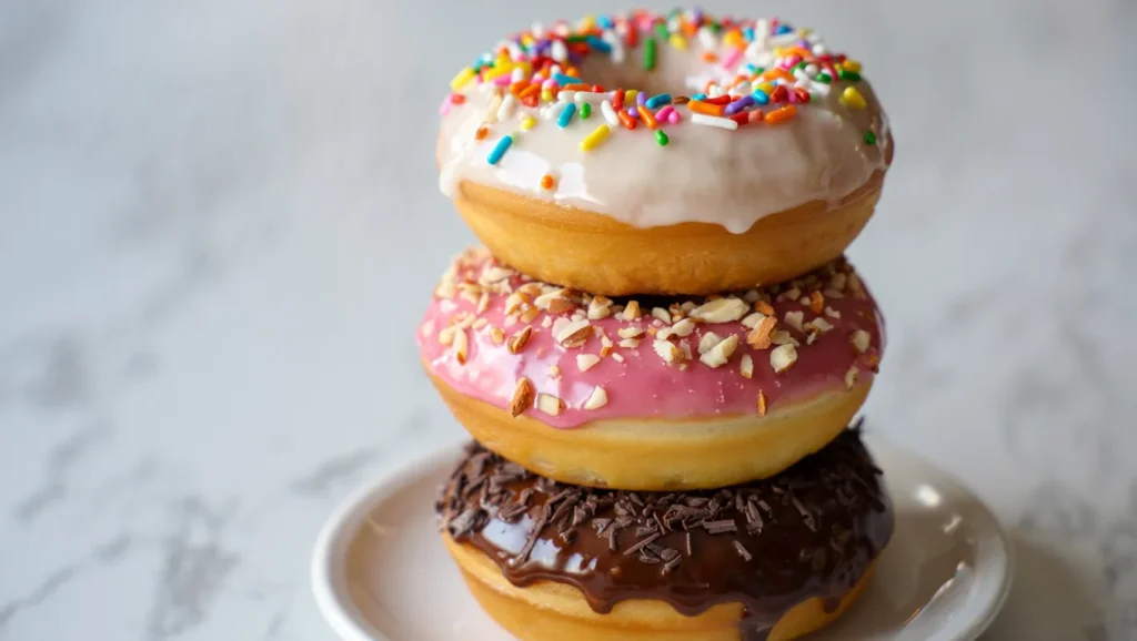 recette donuts moelleux et dorés cuits au four, décorés de glaçage coloré et parsemés de sprinkles. Servis sur une assiette blanche ou un plateau en bois, avec des touches créatives comme des copeaux de chocolat ou de la noix de coco râpée. Une texture légère et appétissante mise en valeur par une lumière douce.