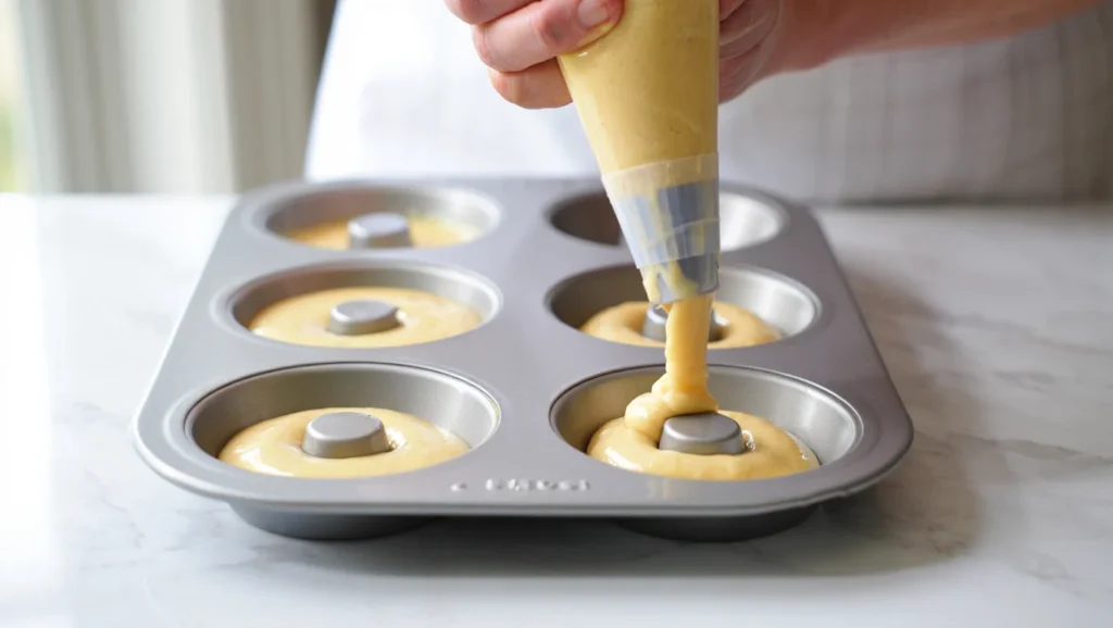 recette donuts moelleux et dorés cuits au four, décorés de glaçage coloré et parsemés de sprinkles. Servis sur une assiette blanche ou un plateau en bois, avec des touches créatives comme des copeaux de chocolat ou de la noix de coco râpée. Une texture légère et appétissante mise en valeur par une lumière douce.
