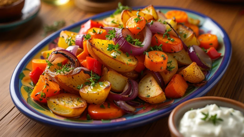 pomme de terreau four dorées et croustillantes, servies dans une assiette blanche avec une texture fondante à l’intérieur. Les pommes de terre sont parsemées d’herbes de Provence fraîches et accompagnées d’une cuillerée de crème fraîche épaisse sur le dessus. En arrière-plan, une planche en bois avec des ingrédients comme du romarin, de l’huile d’olive et du gros sel ajoute une touche rustique et invitante