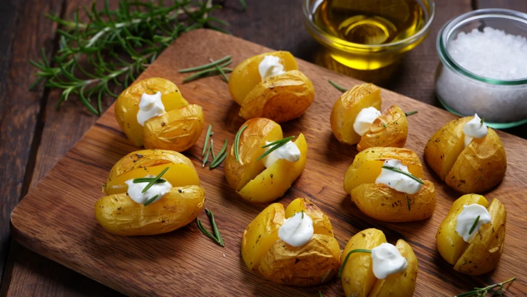 pomme de terreau four dorées et croustillantes, servies dans une assiette blanche avec une texture fondante à l’intérieur. Les pommes de terre sont parsemées d’herbes de Provence fraîches et accompagnées d’une cuillerée de crème fraîche épaisse sur le dessus. En arrière-plan, une planche en bois avec des ingrédients comme du romarin, de l’huile d’olive et du gros sel ajoute une touche rustique et invitante